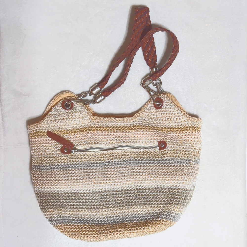 The Sak Indio Crochet Woven Tote Bag Shoulder Purse Neutral Beige Brown Straps